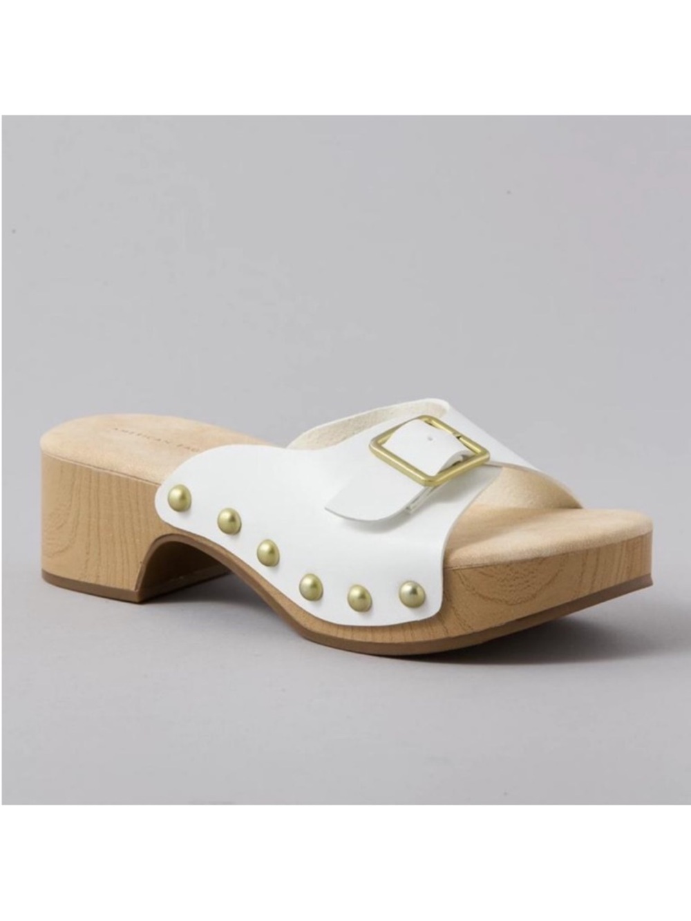 American Eagle Elegant White Mules with Gold Buckle.
